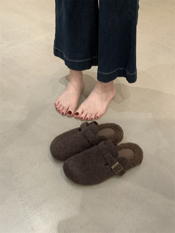 厚底内增高勃肯鞋女2025冬季新款加绒保暖毛毛棉鞋包头博肯半拖鞋|undefined