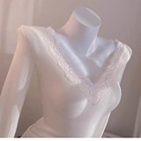 Осенний модный кружевной шелковый приятный телу сексуальный лонгслив, V-образный вырез, в западном стиле