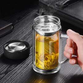 茶杯玻璃杯男双层带把办公室个人专用泡茶杯大容量水杯定制印字