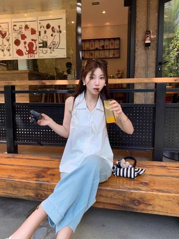 韓国白ノースリーブベストシャツ女性の夏のデザインニッチホルターシャツベビードールシャツ気質トップ|undefined