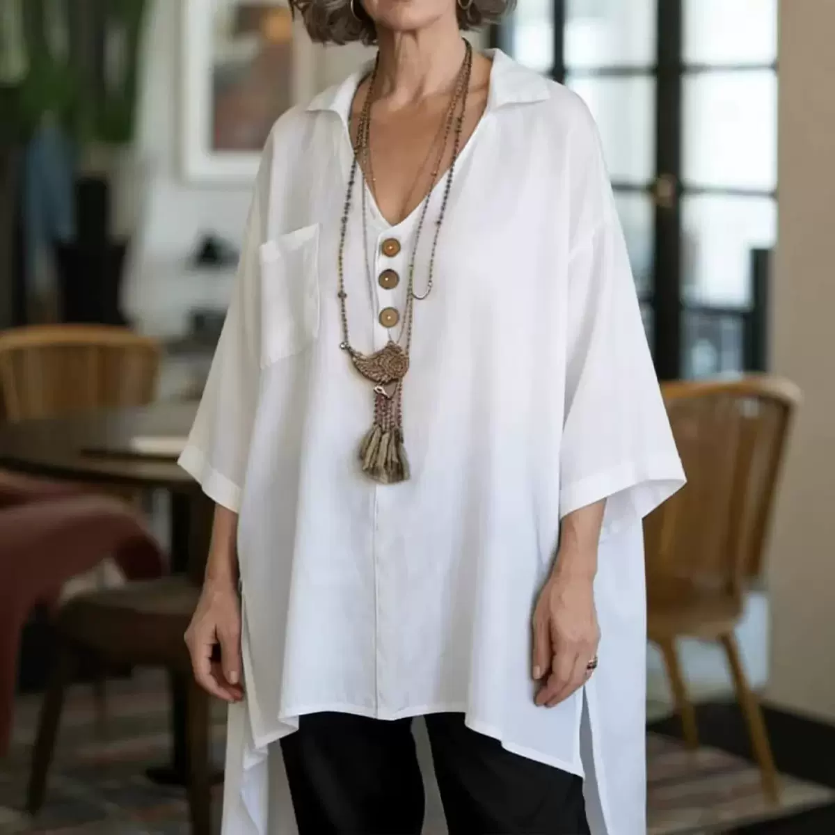 2026春夏新款欧美跨境纯色时尚休闲宽松纽扣短前后长女装棉麻上衣