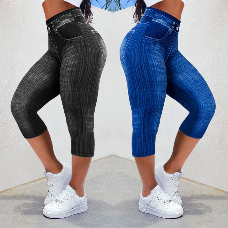 Cross-Border Hot Selling Amazon Women's Clothing Foreign Trade Elastic Imitation Denim Leggings Cropped Pants Slim Fit Butt Lift All-In-One Pants