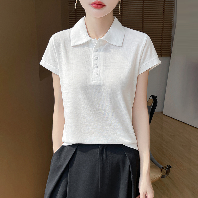 Cross-Border 2025 Summer New Women's Polo Collar Shirt, Short Fashion T-Shirt, Thin Base Shirt, Age-Reducing Vest