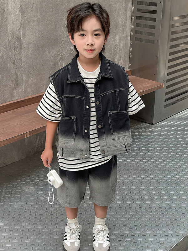 7380 traje de camisa de manga corta de tres piezas de mezclilla de verano para niños 2025 nuevo vestido de verano para bebés ropa de estilo occidental image 3