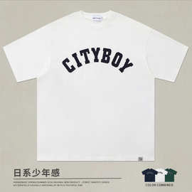 夏季日系少年感cityboy贴布刺绣纯棉短袖t恤男女圆领宽松型T恤ins