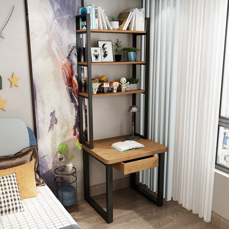 Simple Home Solid Wood Iron Desk Bookshelf Integrated Computer Desk Storage Rack Combination Bedroom Writing Learning Table