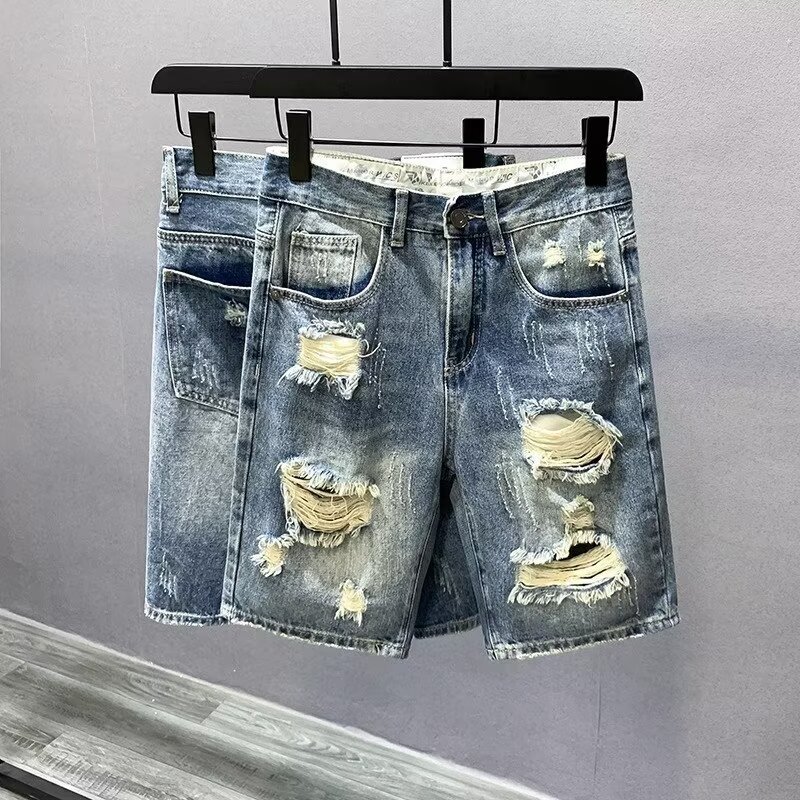 Ripped Denim Shorts Men's Summer Thin Loose Straight Five-Point Pants Trendy Brand Ins Men's Casual Five-Point Pants