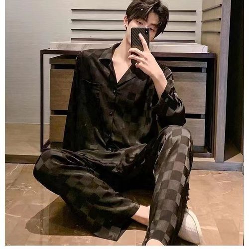 Men's Spring and Autumn Pajama Set, Ice Silk Long Pants, Long-Sleeve Youth High-Grade Simulated Silk Summer Thin Home Wear Set