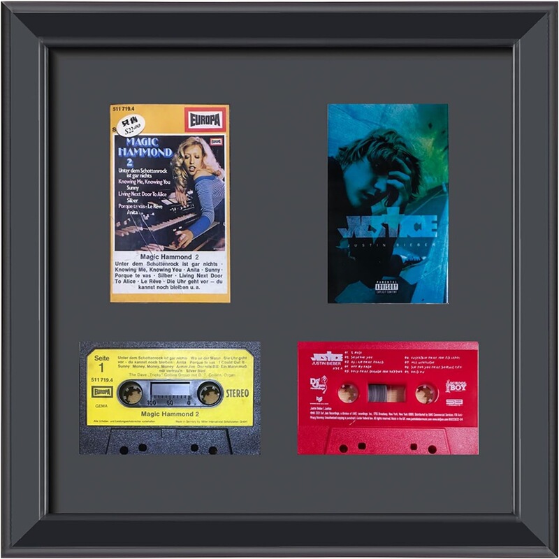 Four-compartment three-dimensional shadow photo frame with dual cassette tape holders, suitable for desktop or wall mounting, dual-use music accessory collection display frame Four-compartment three-dimensional shadow photo frame with dual cassette tape holders, suitable for desktop or wall mounting, dual-use music accessory collection display frame