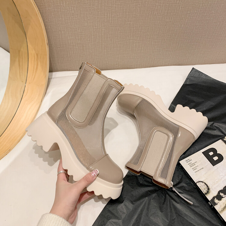 Boot ngắn nữ da bò mũi tròn đế dày thoáng khí khóa kéo sau — Màu đen, Màu mơ chi tiết 121