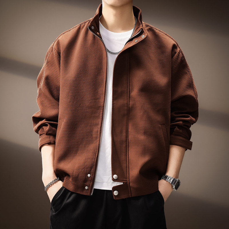 Japanese Retro Trendy Brand Plaid Stand-Collar Jacket for Men, New Autumn Style, Simple Loose Casual Long-Sleeve Coat