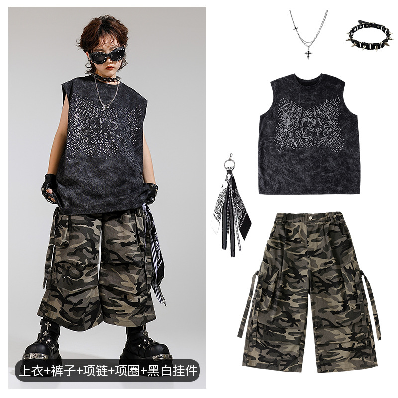 Disfraz de niño de baile callejero para niños, traje de chaleco sin mangas de diamantes calientes para niños guapos