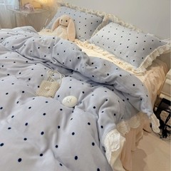 韩系ins奶油风牛奶绒四件套少女波点蝴蝶结木耳花边加厚保暖被套