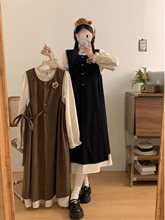 大码复古灯芯绒连衣裙女春季赫本风背心裙胖MM遮肚显瘦裙子两件套