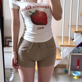 卡其色牛仔短裤女夏季新款高腰修身显瘦两粒扣直筒裤弹力包臀热裤
