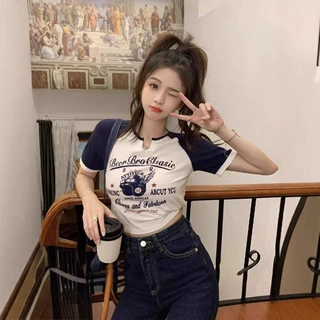 跨境ins新款插色印花短袖T恤女夏季V领修身显瘦打底上衣女潮批发