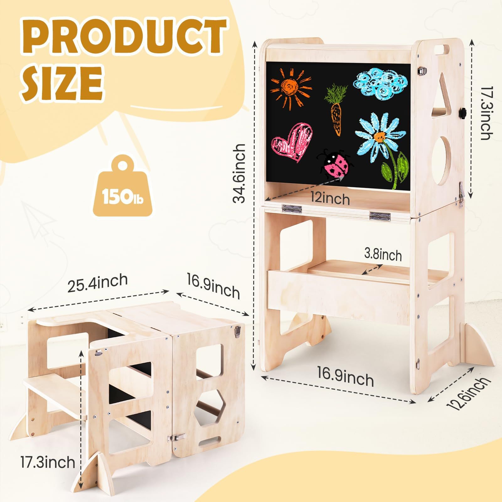 Taburete de baño para niños, taburete para bebés, escalones de lavado de manos, taburete de pies con pasamanos, torre de aprendizaje anti-rollback, madera image 7