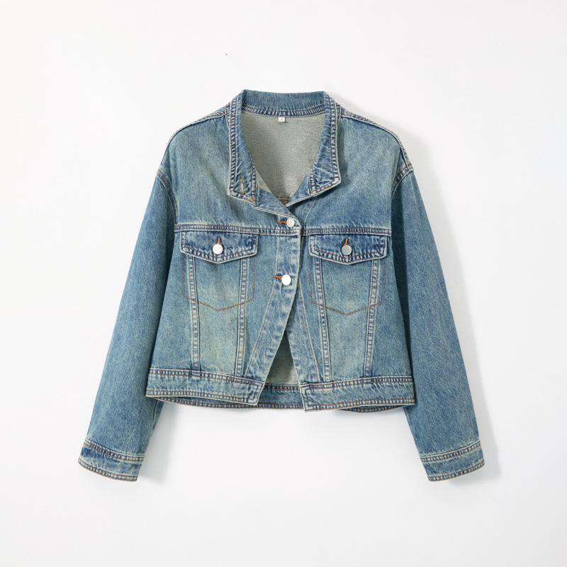 26Th Spring American Retro Denim Jacket Vintage Washed Distressed Short Long-Sleeve Denim Jacket Wholesale