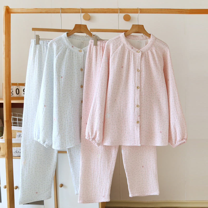 100% cotton Class A four-layer gauze crepe pajamas for women, autumn and winter, long-sleeved, collarless, thickened, pure cotton gauze home wear, new style 100% cotton Class A four-layer gauze crepe pajamas for women, autumn and winter, long-sleeved, collarless, thickened, pure cotton gauze home wear, new style