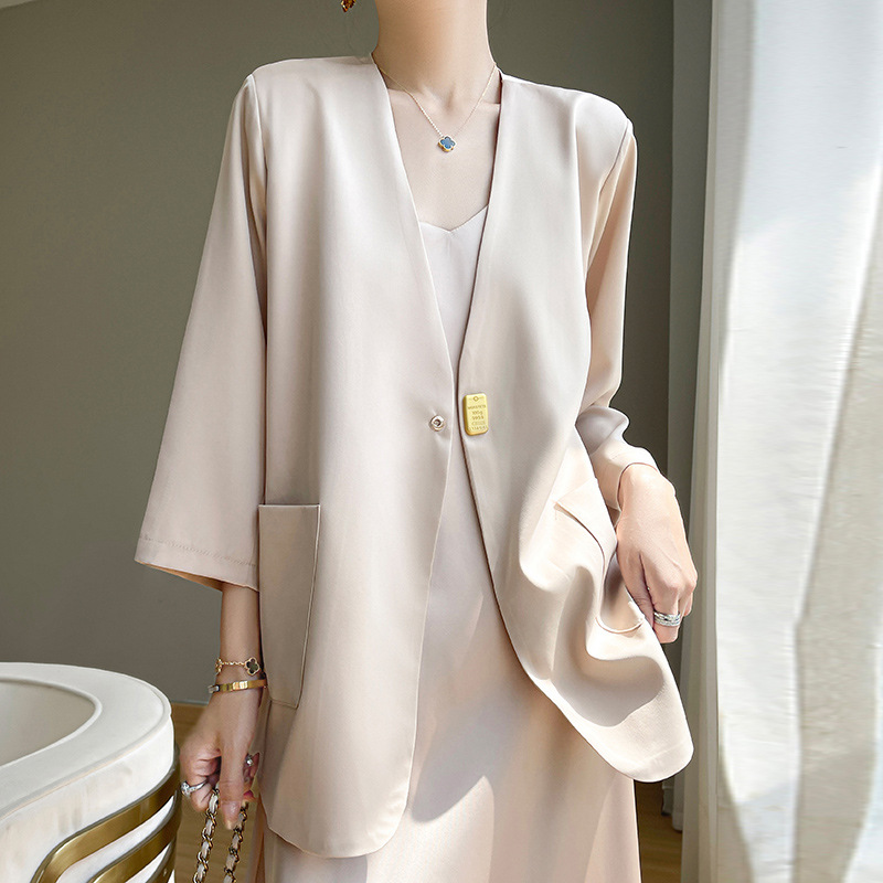 2025 Spring and Summer New Acetate Satin Small Suit Three-Quarter Sleeve Solid Color One Button Jacket for Women