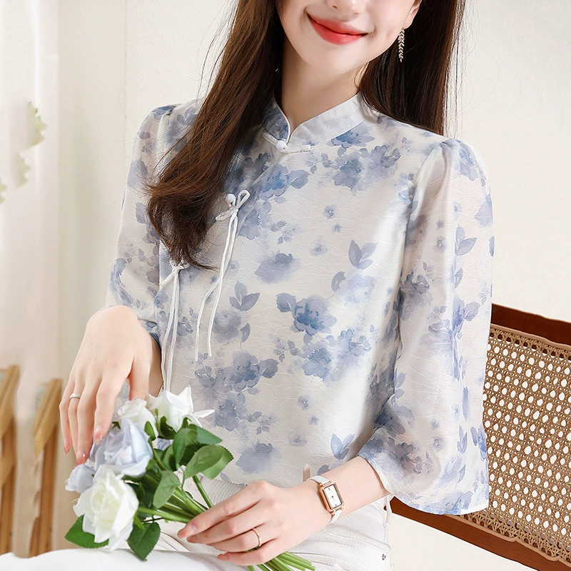 Ретро костюм Тан с диагональными лацканами на пуговицах, улучшенный летний новый костюм Cheongsam в китайском стиле, женский топ с цветочным принтом в китайском стиле для женщин