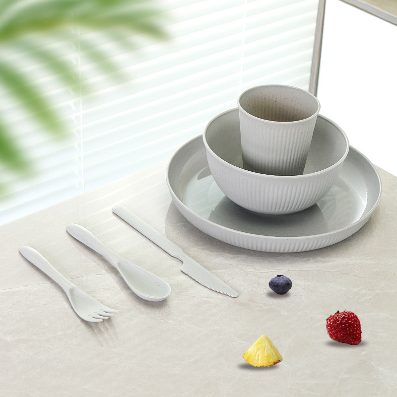 24-piece familia vajilla traje de paja de trigo rayado plato taza tazón de arroz restaurante plato tazón de fideos taza de agua image 16