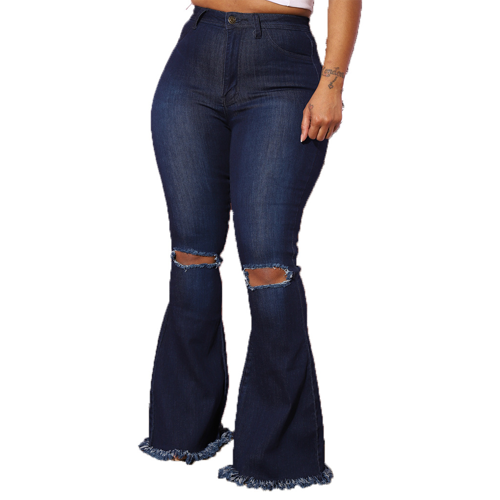 Wild Wide-Legged Knee-Hole Denim Flared Pants NSSF64048