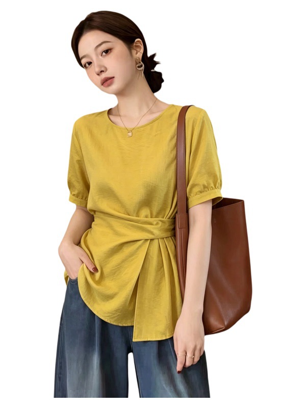 Áo thun nữ tay ngắn cổ tròn phom suông, thiết kế vai thẳng eo xếp li — xanh lam