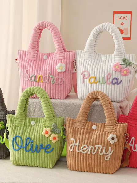 Etsy Personalized Hand-Embroidered Name Crossbody Bag Candy-Colored High-End Versatile Corduroy Bucket Bag