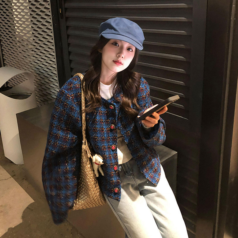 French-style "old money" chic blue woolen coat for women, autumn short jacket with a high-end feel for petite figures French-style "old money" chic blue woolen coat for women, autumn short jacket with a high-end feel for petite figures