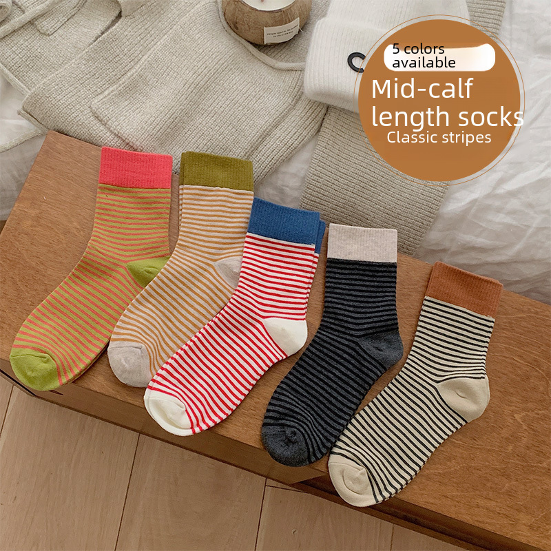 日系條紋襪子女四季款中筒襪2024新款女士棉襪拼色堆堆襪諸暨襪子