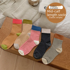 日系條紋襪子女四季款中筒襪2024新款女士棉襪拼色堆堆襪諸暨襪子
