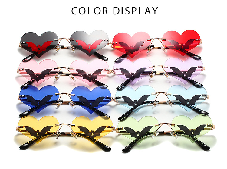 36g Weight Frameless Glasses Structure Sunglasses Classification PC, UV400 Protection Lens Material Special-Shaped Mirror Glasses Style Daily, Street Occasion Halloween Festival Heart Shape, Bat Pattern Unisex Gender Streetwear Style Black Color Streetwear Heart Shape Bat PC UV400 Protection Special-Shaped Mirror Frameless Women's Sunglasses 3