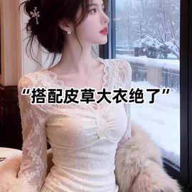 仅用于产品展示勿拍-法式收腰蕾丝v领t恤女2026新款冬季独特皮草