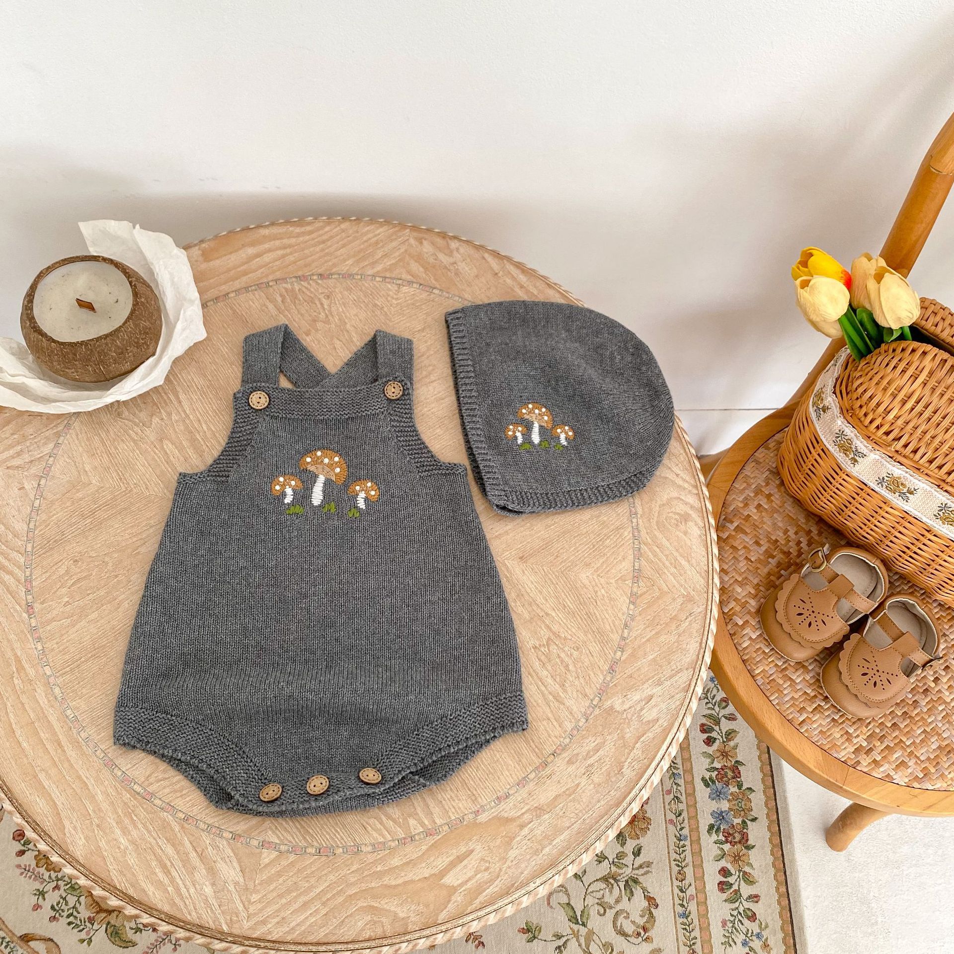 Abbigliamento autunnale 2024 per neonati, bambini piccoli, ragazzi e ragazze, giacca cardigan ricamata con funghi + kaki + ricamata_voghion.com