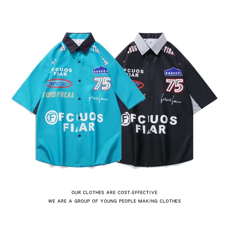 Summer American Street Letter Print Motorcycle Short-Sleeved Shirt Men's Retro Hip-Hop Loose Bf Casual Niche Shirt
