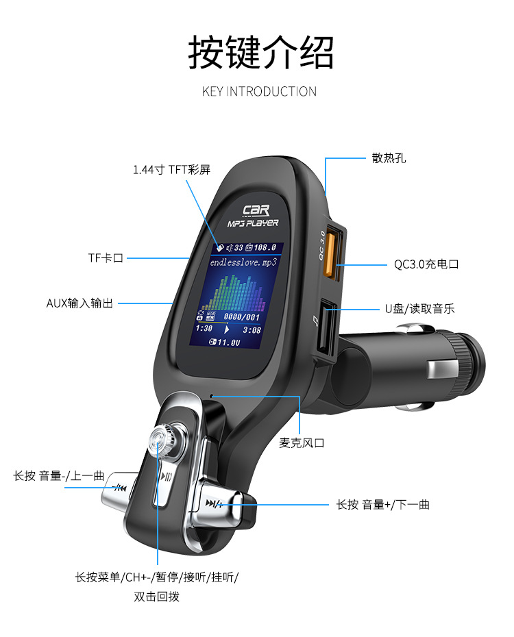 New BT28 Color Screen QC3.0 Car FM Transmitter Car MP3 Bluetooth Player
