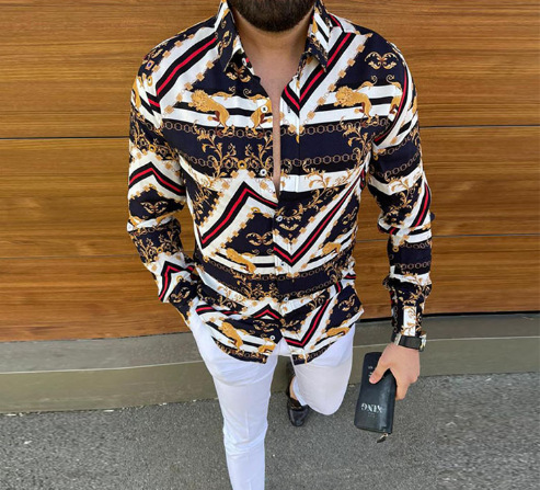 Ropa de hombre europea y americana de comercio exterior nueva personalidad casual de otoño camisa impresa de manga larga de los hombres de moda más camisa de tamaño