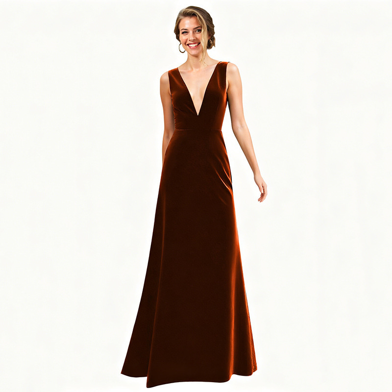 Aliexpress Deep V-Neck Velvet Long Dress for Parties, New Cross-Border Style Wedding Bridesmaid Dress, Birthday Party Dress