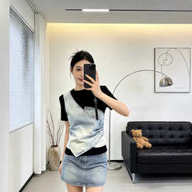 95%棉假两件短袖T恤女夏新款设计感小众百搭时尚牛仔拼接套头上衣