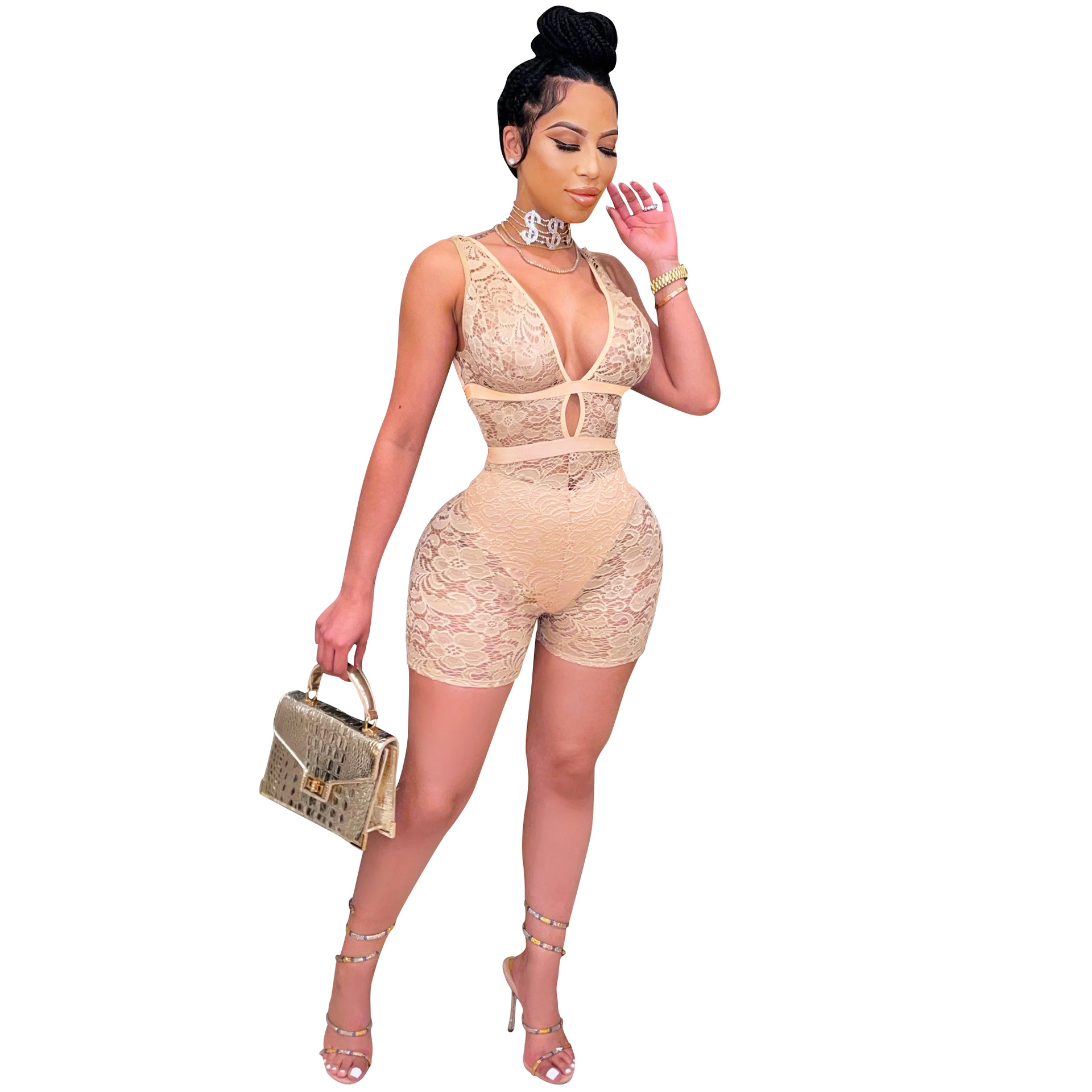 X5213 moda transfronteriza nueva ropa de mujer color sólido apretado sexy sin mangas con cuello en V encaje perspectiva discoteca pantalones cortos de una pieza image 8