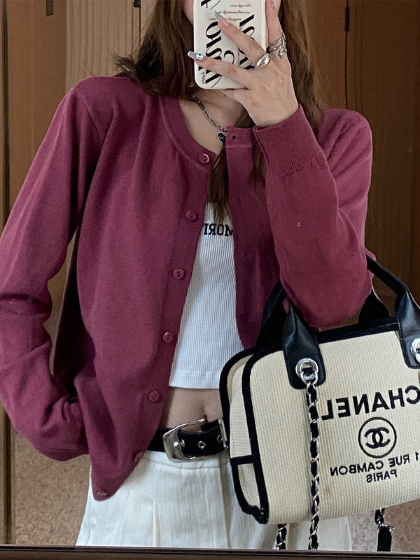 早秋薄款针织开衫外套女2025新款春秋白色圆领毛衣外搭感上衣|undefined