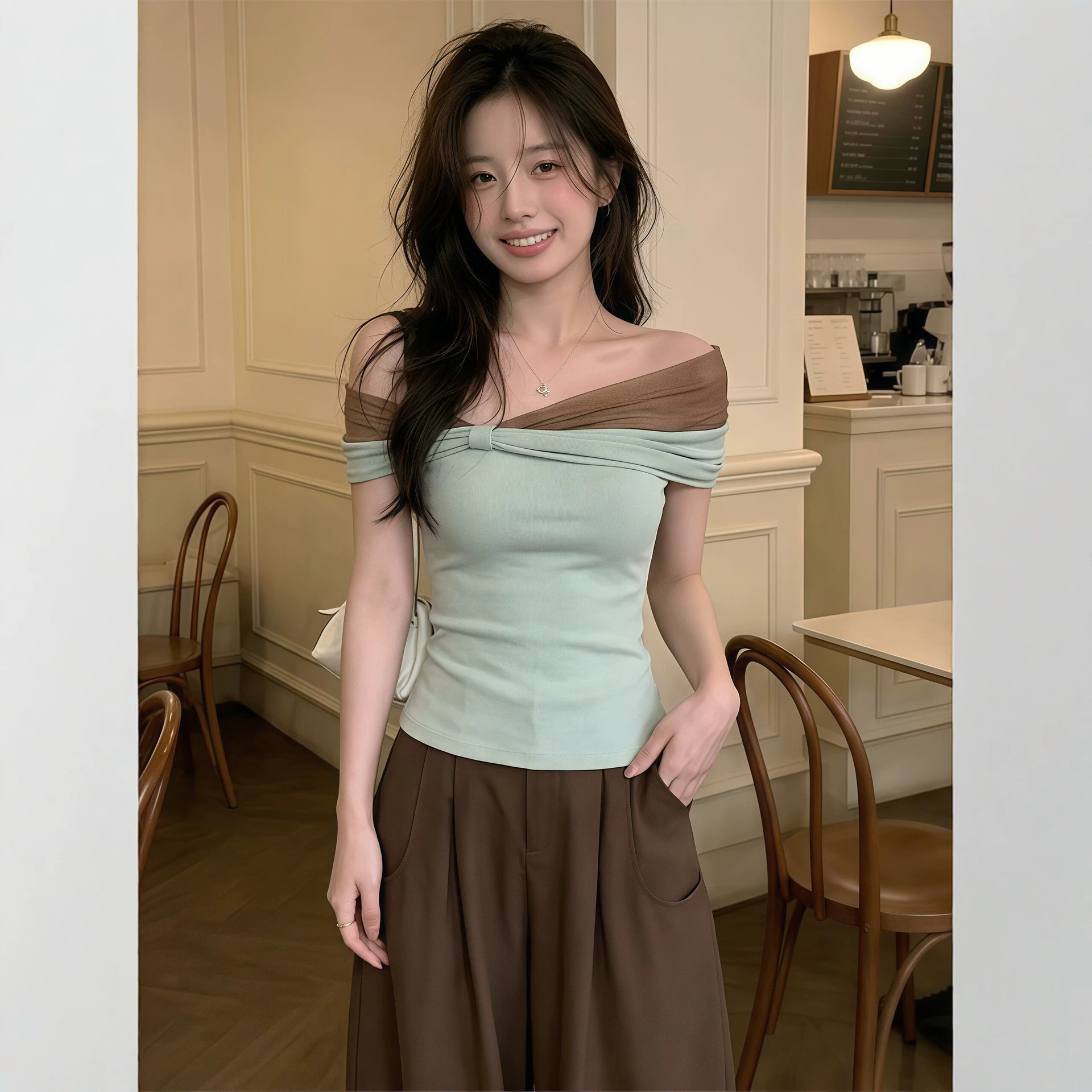 2026 Korean Style Gentle Off-Shoulder Sexy Color Block T-Shirt for Women, Summer, Slimming, Versatile, Short Sleeve New Arrival