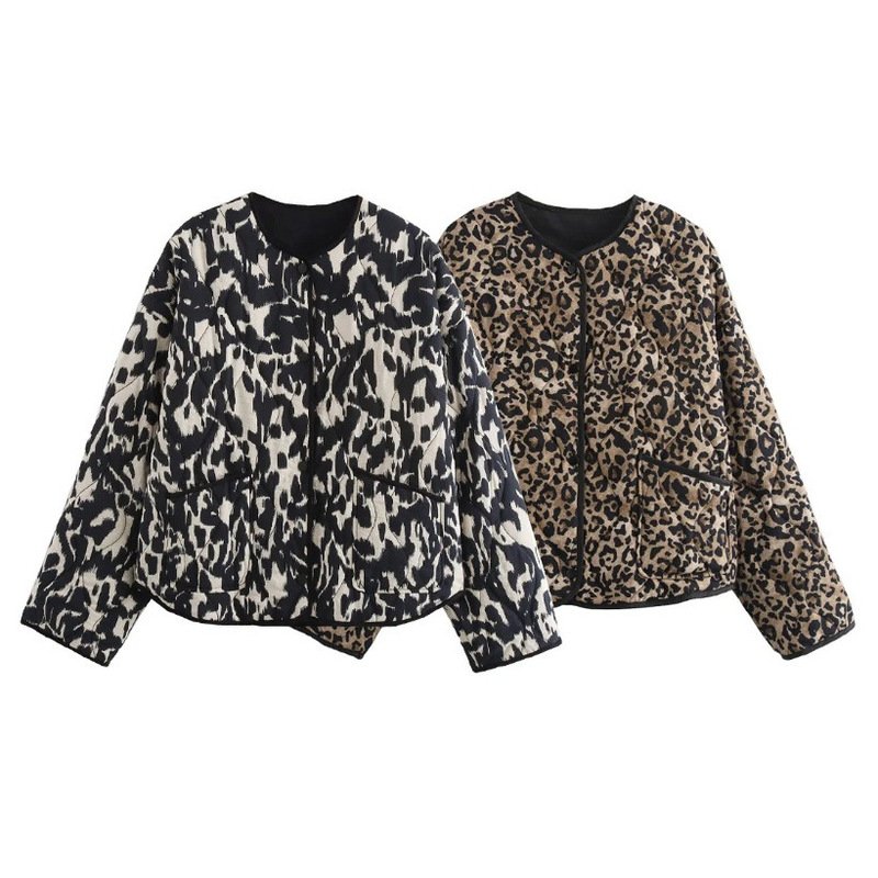 Cross-Border European and American Fashion Aliexpress Hot-Selling Leopard Print Round-Neck Jacket