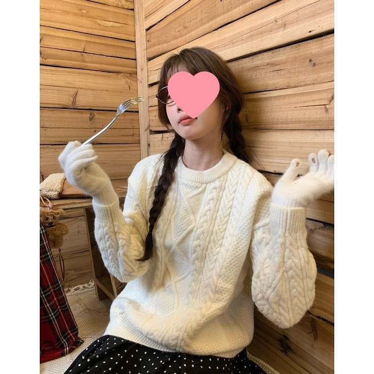 Cross-Border Pphome Homemade~Cream-Colored Cable Knit Sweater, Classic and Versatile for Winter, Round Neck, Loose Cable Knit Cross-Border Pphome Homemade~Cream-Colored Cable Knit Sweater, Classic and Versatile for Winter, Round Neck, Loose Cable Knit
