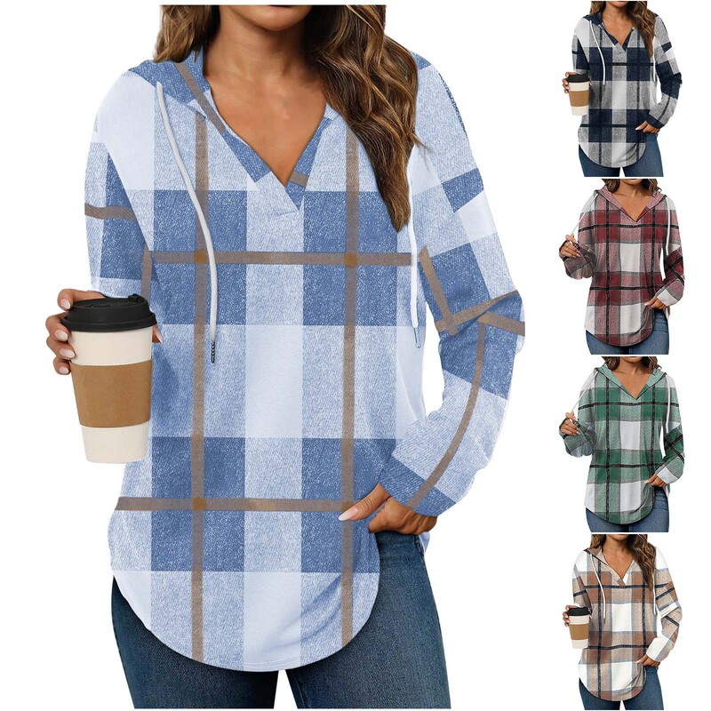 Amazon Cross-Border European and American Autumn and Winter Hooded Pullover V-Neck Adjustable Drawstring Casual Plaid Long Sleeves 5919