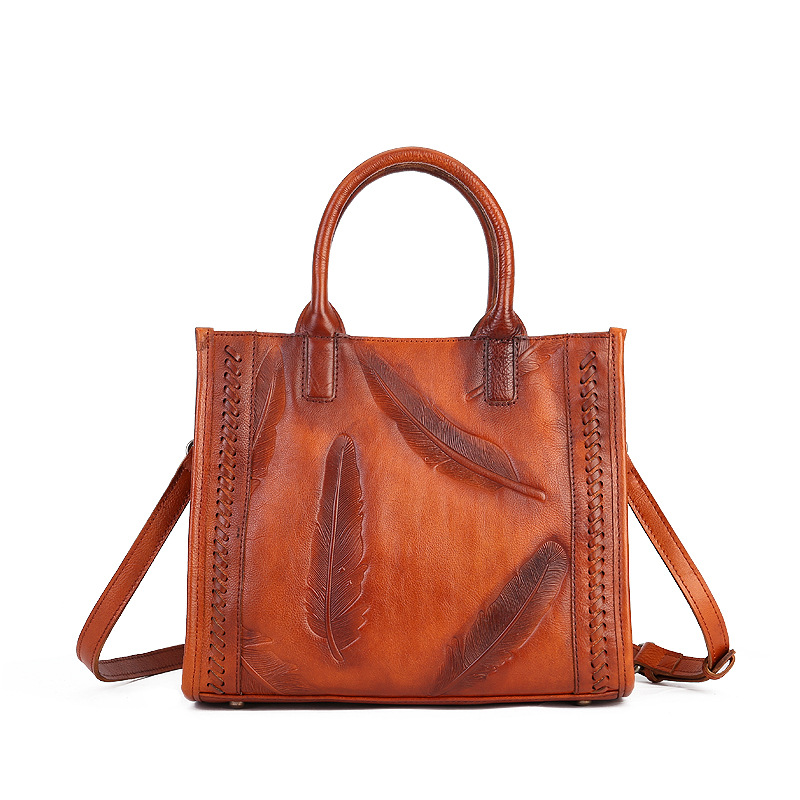 Genuine Leather Women's Handbag Top Grain Cowhide Vintage Small Square Bag Feather Embossed Tote Shoulder Bag - Thumbnail 5
