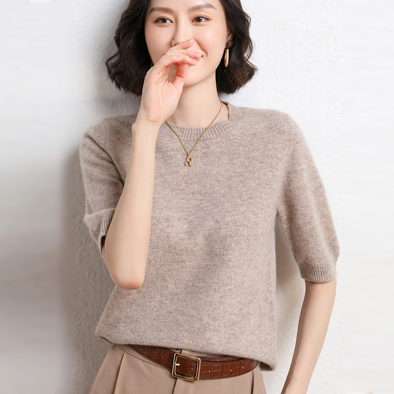 2025年春夏新作ニット半袖女性丸襟ボトムニットプルオーバー半袖セーターゆるいボトムセーター|undefined