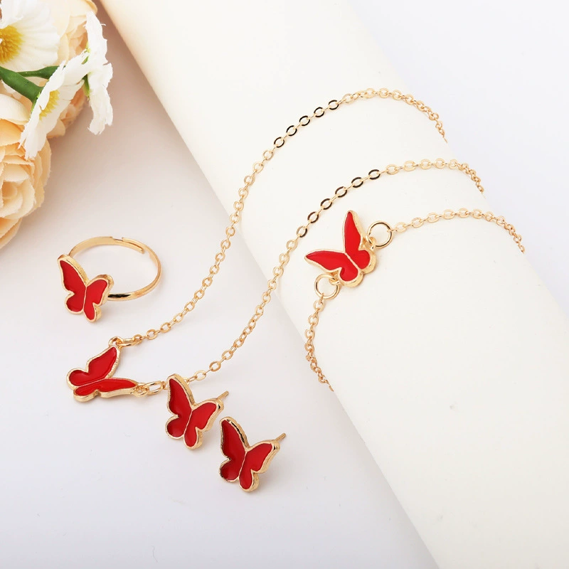 Новые европейские и американские ювелирные изделия женская мода темперамент личность бабочка ожерелье серьги кольцо браслет 4 шт. оптовая продажа