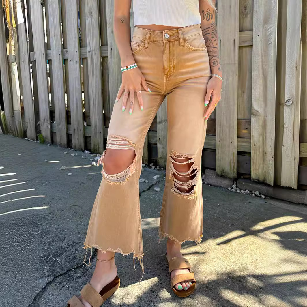 Jeans Anchos con Roturas para Mujer de Mezclilla de Algodón Corte Holgado Tiro Alto para Uso Diario